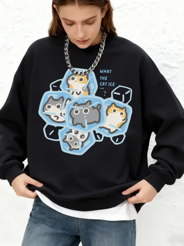 What The Cat Ice Baskılı Sweatshirtler Kadın Sonbahar Yuvarlak Yaka Oversize Kapüşonlu Üstler