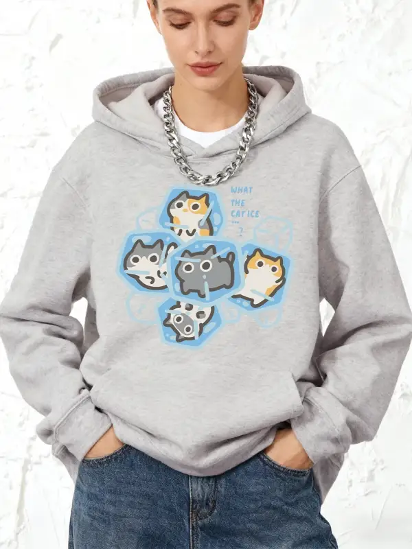What The Cat Ice Prints Pamuklu Kapüşonlular Kadın Sportif Bol Kazak Kışlık Polar Sıcak Kazak