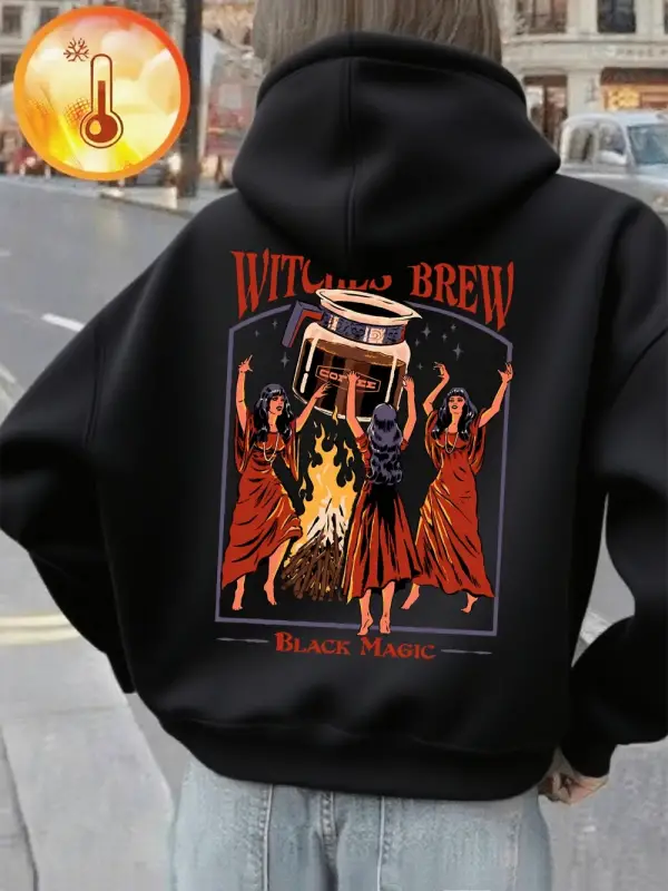 Witches Brew Kahve Baskılı Kapüşonlu Üstler Kadınlar İçin Basit Cepli Kazaklar Sonbahar Kış P