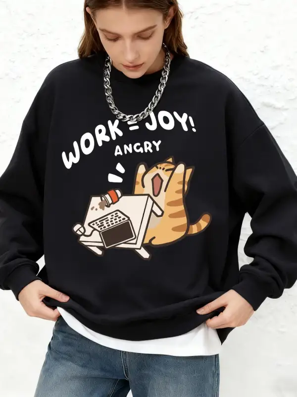 Work=Joy Angry Cat Baskılı Sweatshirt Kadın Günlük Bol Kesim Jogger Kapüşonlu Uzun Kollu Sıca