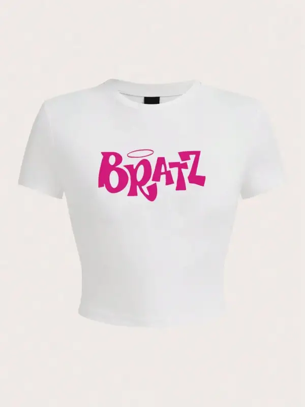 Y2K Pembe Bratz Mektup Baskı Kırpma T-Shirt Seksi Yaz Sokak Kadın Kısa Kollu Rahat Yumuşak St