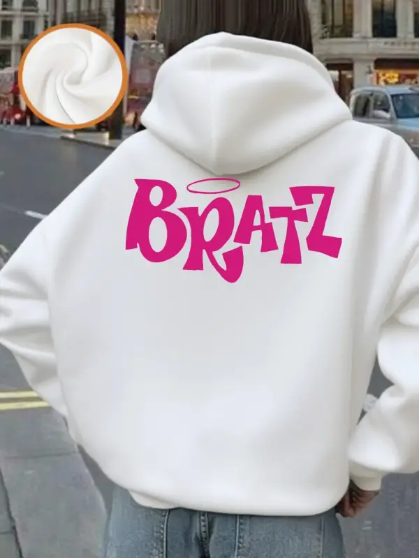 Y2K Pembe Bratz Mektup Baskılar Kapüşonlular Kadınlar Kış Polar Sıcak Tişörtü Rahat Cep Kazak