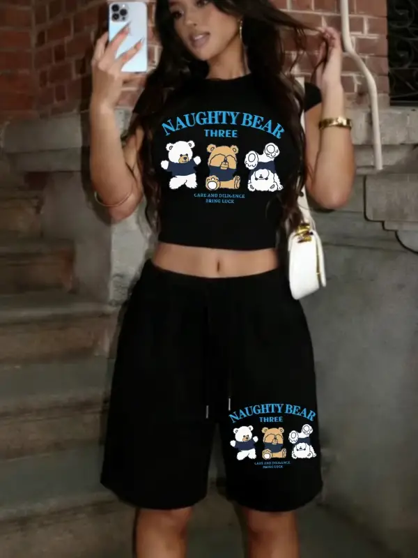 Yaramaz Ayı Üç Baskılı Babby TeeT-Shirt Pantolon Yaz İki Parçalı Set Üstleri Şort Sportif Büyük B