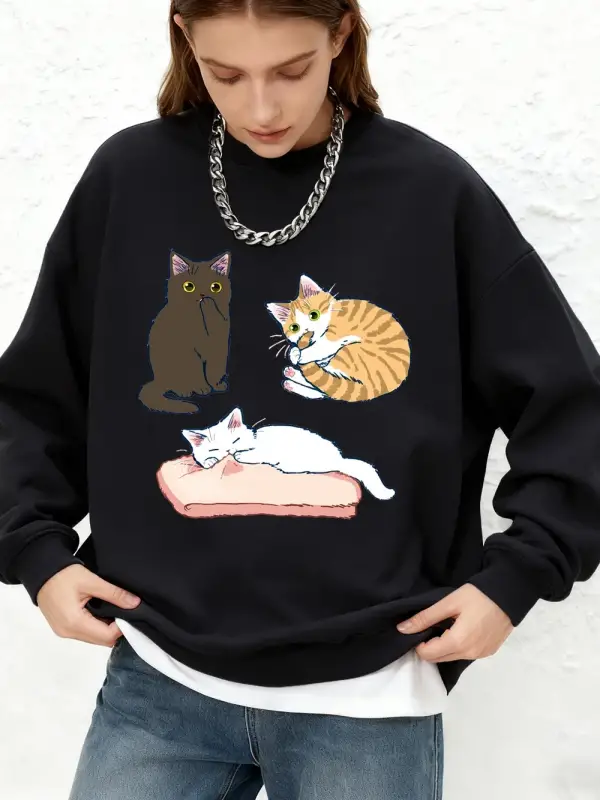 Yaramaz Üç Renkli Yavru Kedi Baskı Kazak Kadın Rahat O-Boyun Gevşek Hoodie Sıcak Uzun Kollu Ü