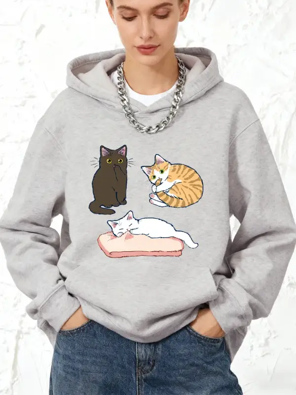 Yaramaz Üç Renkli Yavru Kedi Baskılı Pamuklu Kapüşonlu Kadın Sporcu Bol Kazak Kışlık Sıcak Sw