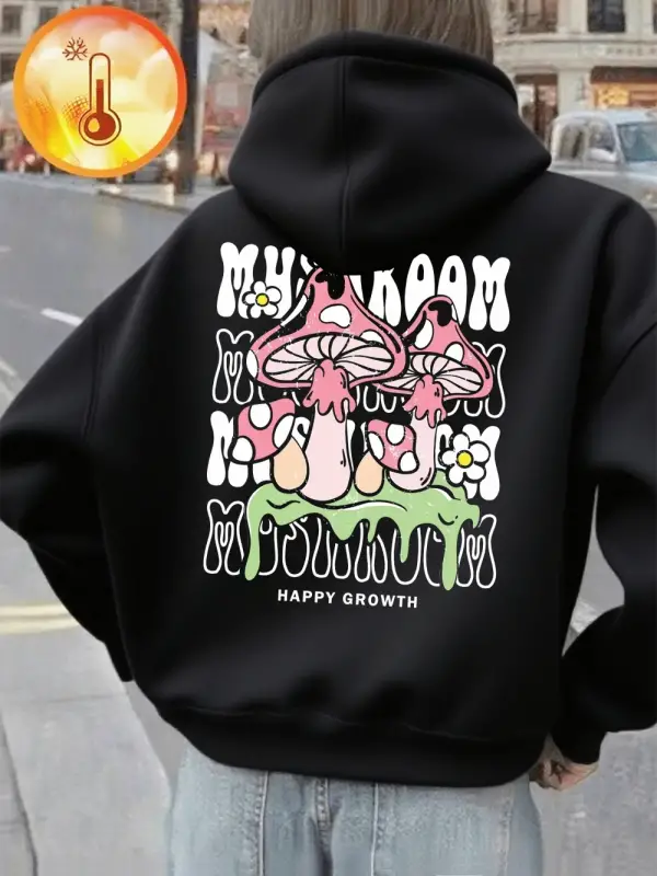 Yaratıcı Mantar Mektup Baskılar Hoodie Kadın Kış Polar Sıcak Kazak Temelleri Cep Kazak Rahat