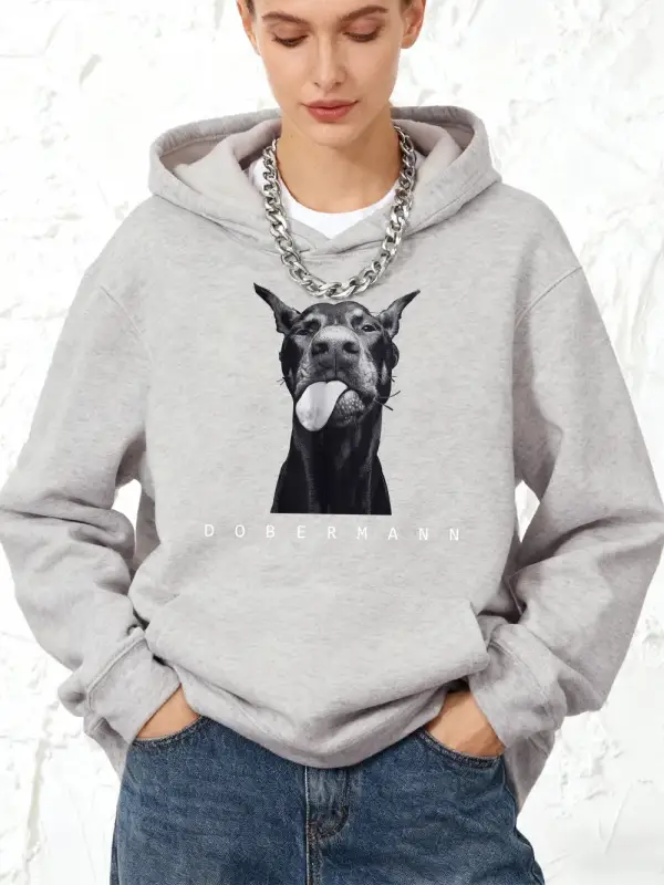 Yaratıcılık Doberman Baskılar Pamuk Kapüşonlular Kadın Kış Gevşek Kazak Polar Sıcak Koşu Kaza