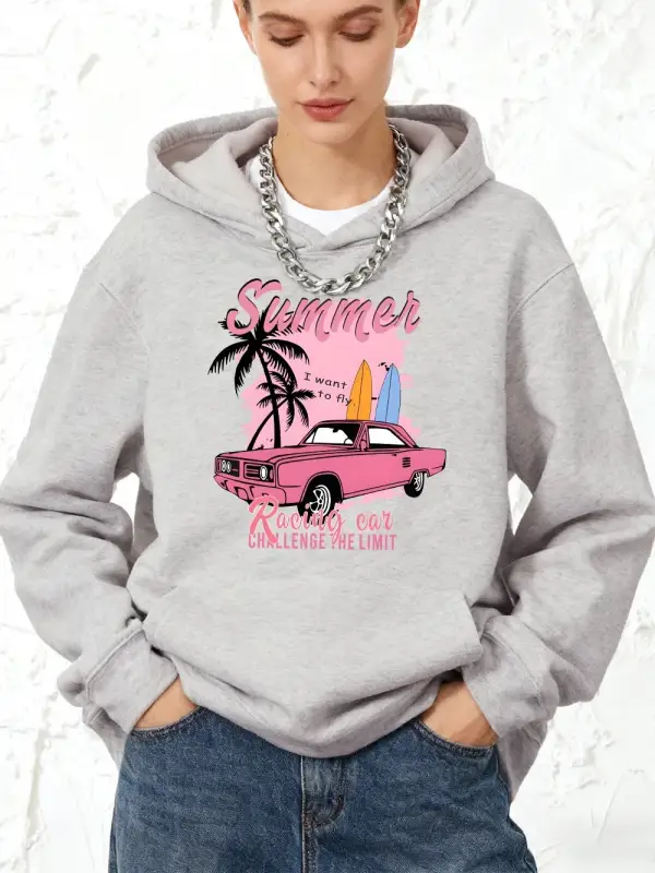 Yarış Arabası Mücadelesi Limit Baskılar Kapüşonlular Pamuklu Kadın Koşu Cepli Üstler Sportif