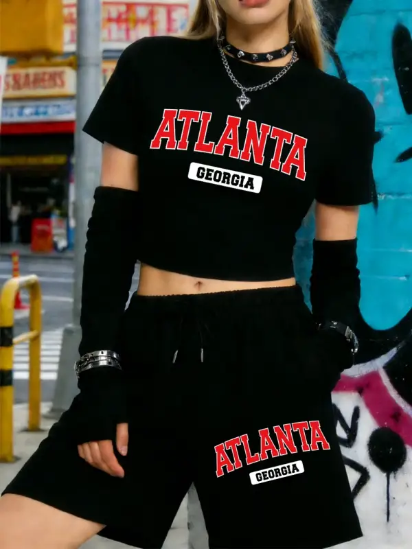 Yaz Atlanta Georgia Mektup Baskılı Babby TeeT-Shirt Şort Kadın İki Parçalı Set Beş Nokta Pantolon