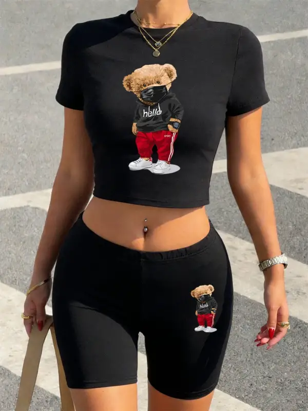 Yaz Ayı Maskesi Giyen Baskılı Kırpma T-Shirt Şort Kadın İki Parçalı Set Üstleri Pantolon Yüks