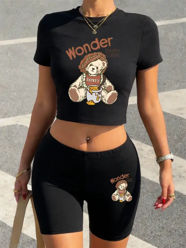 Yaz Bal Ayısı Karikatür Baskılı Babby TeeT-Shirt ve Şort Kadın İki Parçalı Set Üstleri Pantolon Y