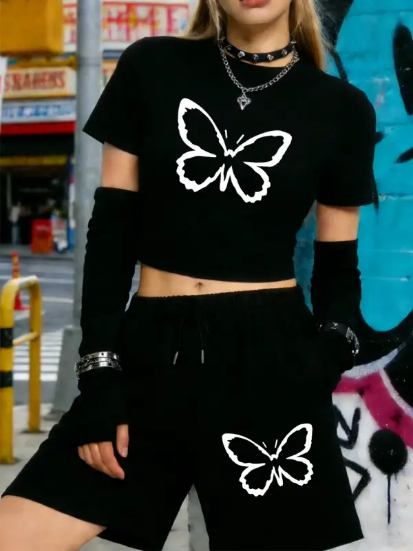 Yaz Basit Kelebek Baskılı Babby TeeT-Shirt Şort Kadın İki Parçalı Set Diz Boyu Pantolon Yüksek El