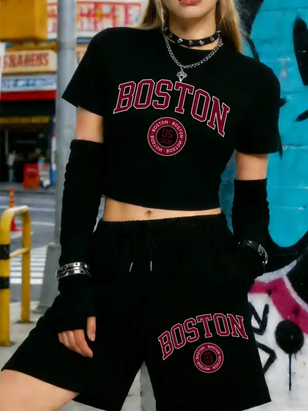 Yaz Boston Şehri Us 1630 Harfli Baskılı Babby Teelar Şortlar Kadın İki Parçalı Set Beş Cepli P