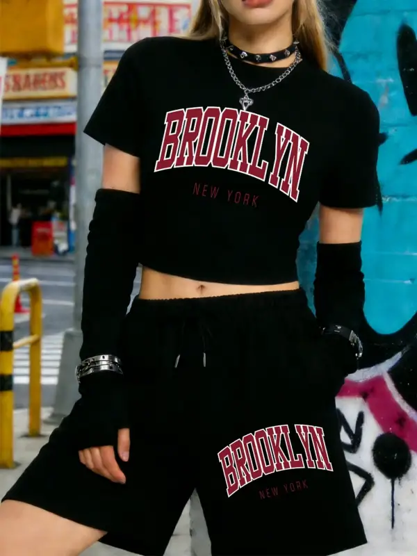 Yaz Brooklyn New York Baskılı Babby Teelar Şortlar Kadın İki Parçalı Set Beş Cepli Pantolonlar