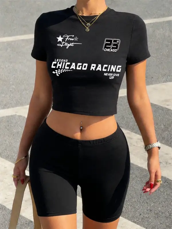 Yaz Chicago Yarışları Asla Pes Etme Baskılı Babby TeeT-Shirt Şort Kadın İki Parçalı Set Üstleri P