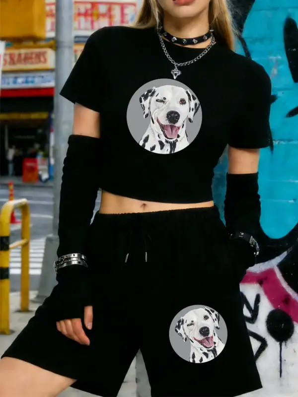 Yaz Dalmaçyalı Köpek Baskılı Babby TeeT-Shirt Şort Kadın Seksi İki Parçalı Set Diz Boyu Pantolon