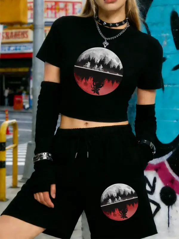 Yaz Erkek Bisiklet Sürme Baskı Kırpma Üstleri Şort Kadın İki Parçalı Set Beş Nokta Pantolon Y