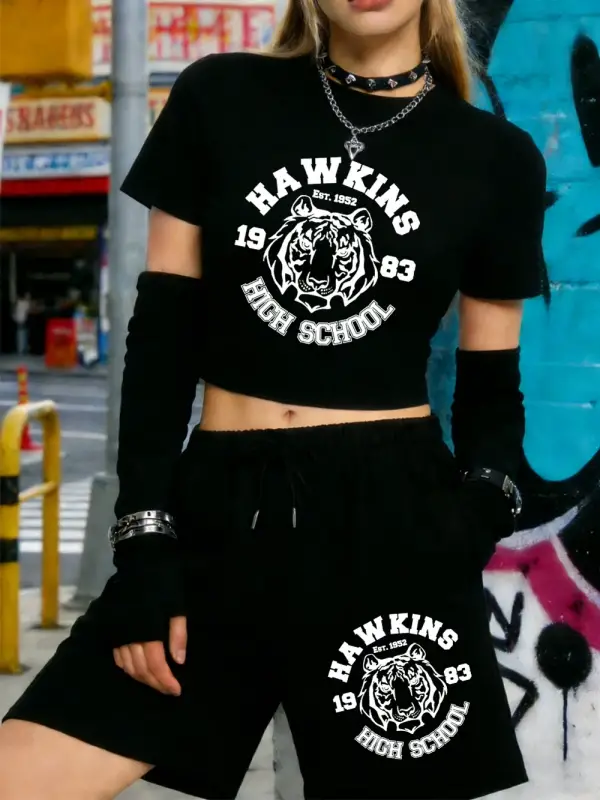 Yaz Hawkins Lisesi 1983 Baskılı Babby Tees Şort Kadın İki Parçalı Set Beş Nokta Pantolon İnce