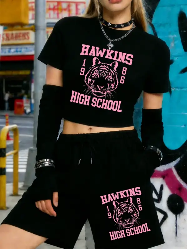 Yaz Hawkins Lisesi 1986 Baskılı Babby Tees Şort Kadın İki Parçalı Set Beş Nokta Pantolon Yumuş