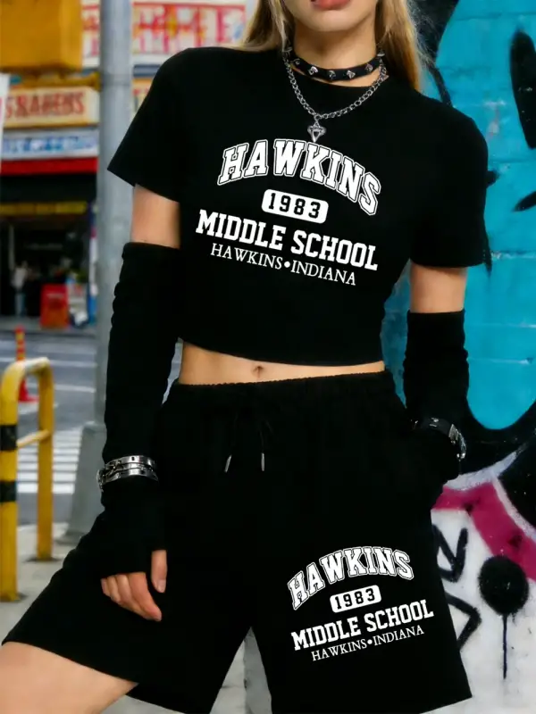 Yaz Hawkins Ortaokulu Baskılı Babby TeeT-Shirt Şort Kadın İki Parçalı Set Diz Boyu Pantolon İnce