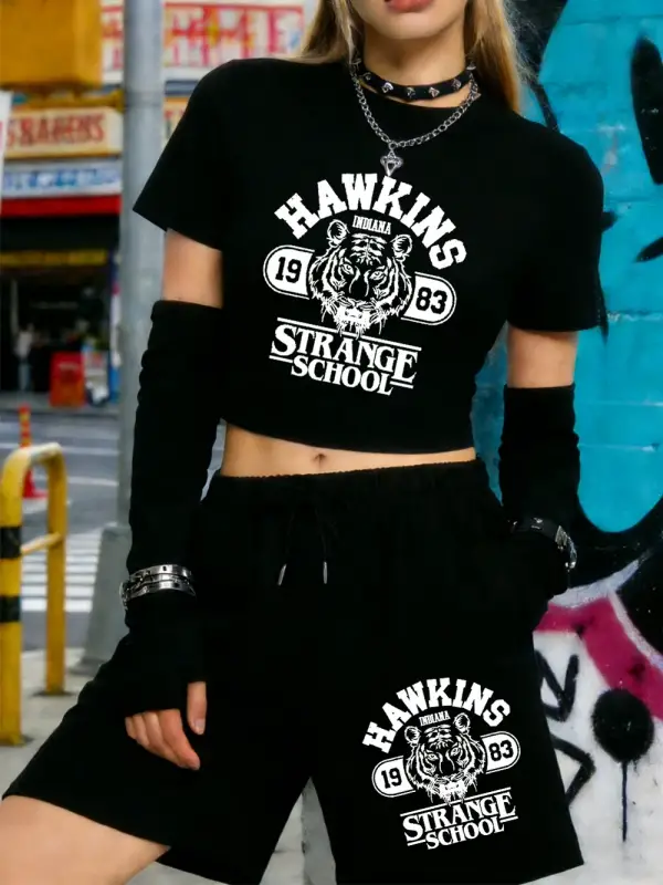 Yaz Hawkins Strange School 1983 Baskı Babby TeeT-Shirt Şort Kadın İki Parçalı Set Diz Boyu Pantol