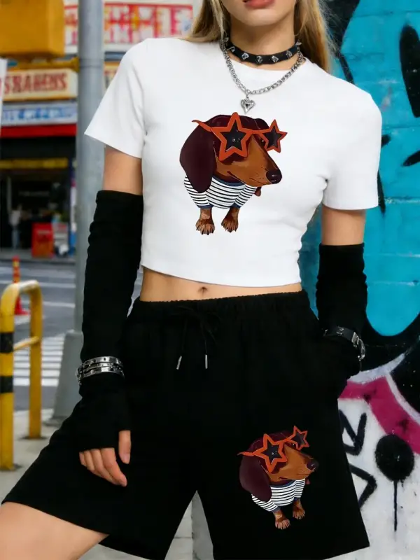 Yaz Komik Dachshund Köpek Baskılar Kırpma T-Shirt Şort Kadın İki Adet Set Diz Boyu Pantolon Y