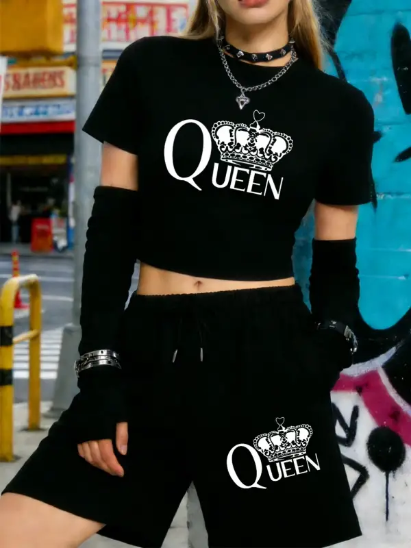 Yaz Kraliçesi Taç Baskılı Kırpma Üstleri Şort Kadın Seksi İki Parçalı Set Beş Nokta Pantolon