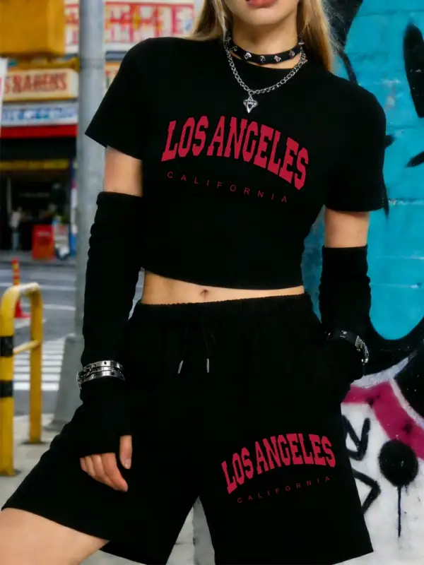 Yaz Los Angeles Kaliforniya Baskılı Babby Tees Şort Kadın İki Parçalı Set Beş Nokta Pantolon Y