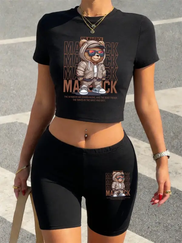 Yaz Maverick Spor Ayı Baskılı Kırpılmış Tişörtler Şortlar Kadın İki Parçalı Set Üstler Pantol