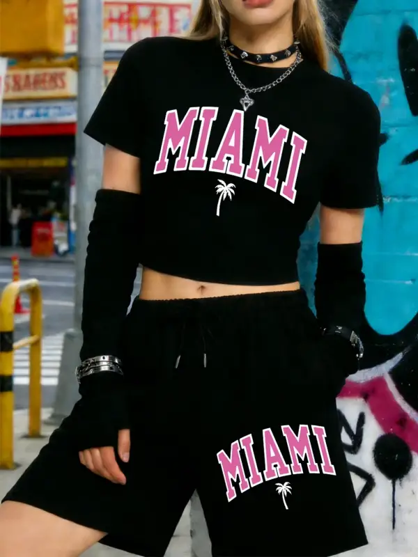 Yaz Miami Beach Mektup Baskılı Babby TeeT-Shirt Şort Kadın İki Parçalı Set Diz Boyu Pantolon Yüks