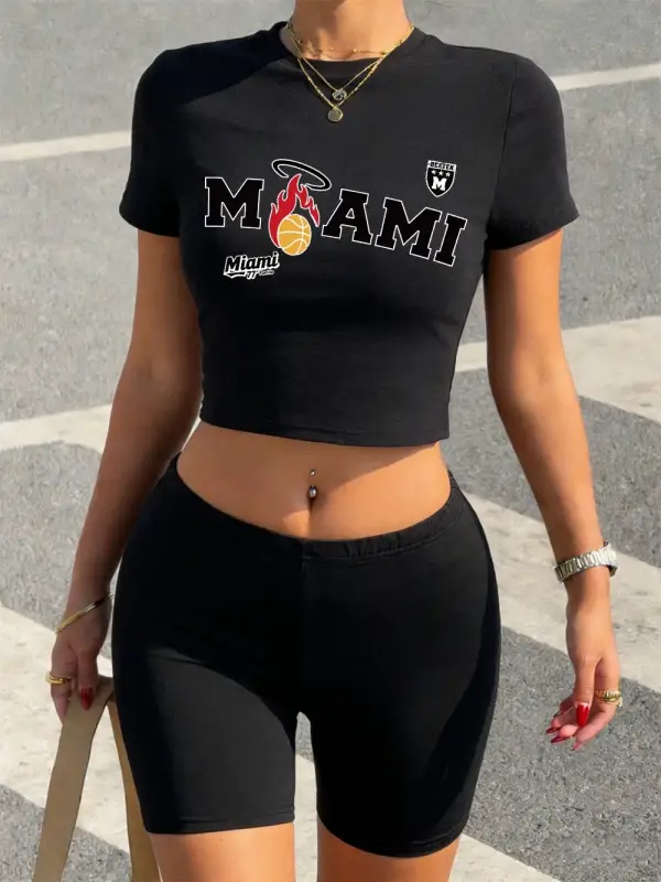 Yaz Miami Mektup Basketbol Baskılı Kırpma Üstleri Şort Kadın Seksi İki Parçalı Set T-Shirt Yu