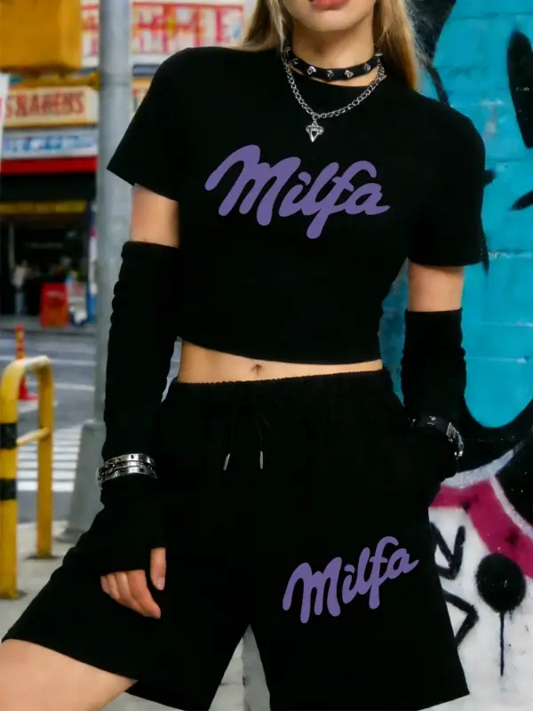 Yaz Milfa Mektup Baskılı Kırpma Üstleri Şort Kadın Seksi İki Parçalı Set Beş Nokta Pantolon Y