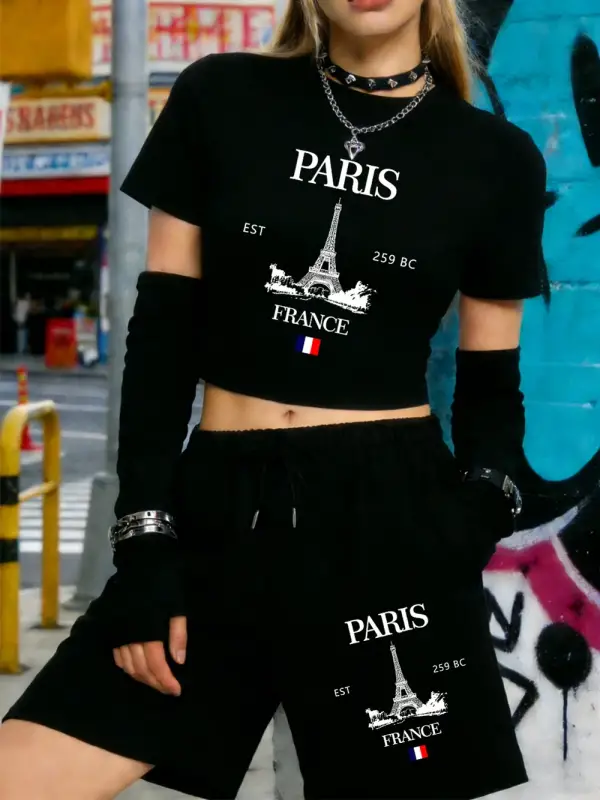 Yaz Paris Fransa Eyfel Kulesi Baskılar Kırpma Üstleri Şort Kadın İki Parçalı Set Beş Nokta Pa