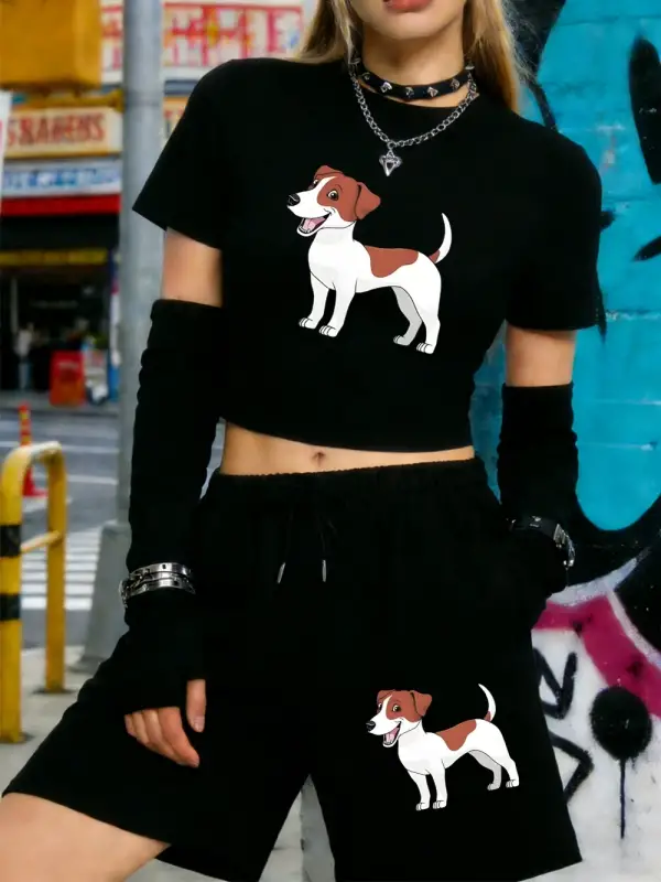 Yaz Russell Terrier Köpek Baskılı Babby TeeT-Shirt Şort Kadın İki Parçalı Set Diz Boyu Pantolon İ