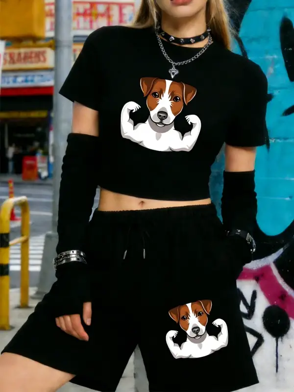 Yaz Russell Terrier Köpek Baskılı Kırpma Üstleri Şort Kadın İki Parçalı Set Beş Nokta Pantolo
