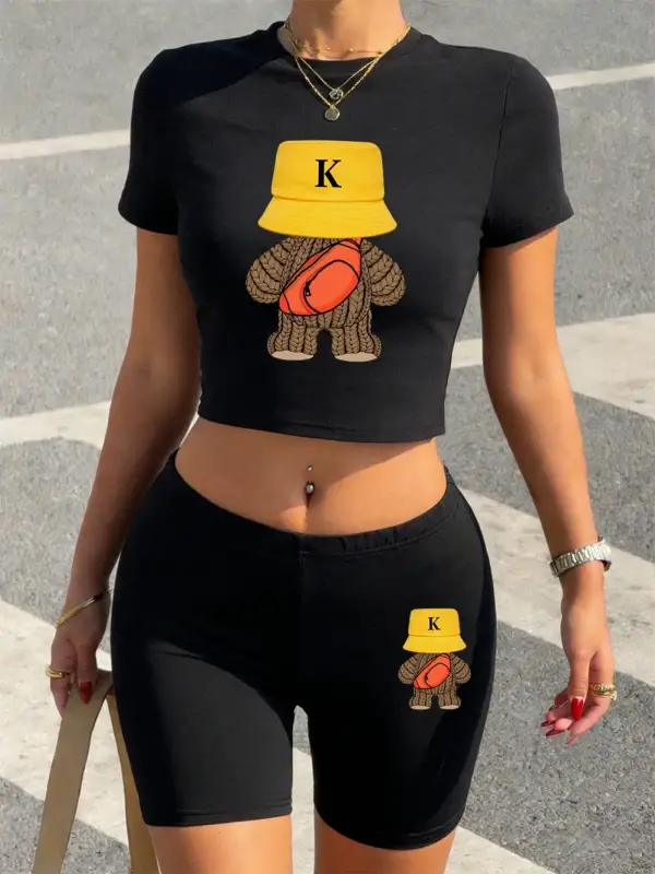 Yaz Spor Yünlü Ayı Baskılar Kırpma T-Shirt Şort Kadın Seksi İki Parçalı Set Üstleri Pantolon