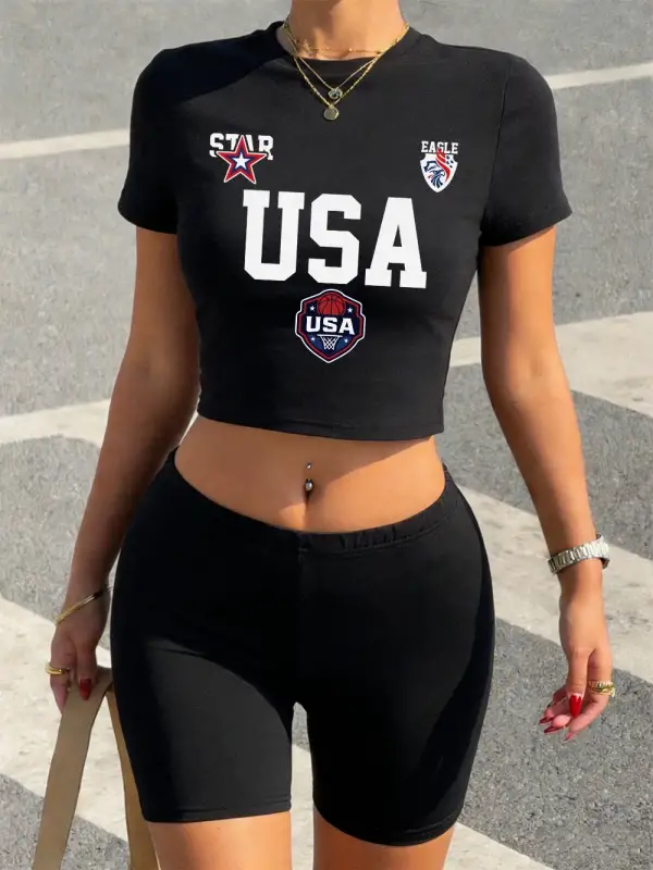 Yazlık ABD Yıldız Baskılı Jersey Babby TeeTişört Şort Kadın İki Parça Takım Üst Pantolon Dar Kesi