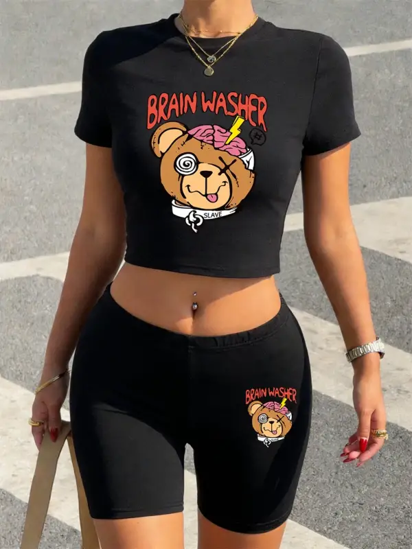 Yazlık Beyin Temizleyici Yaratıcı Ayı Baskılı Babby TeeTişört ve Şort Kadın İki Parçalı Takım Üst