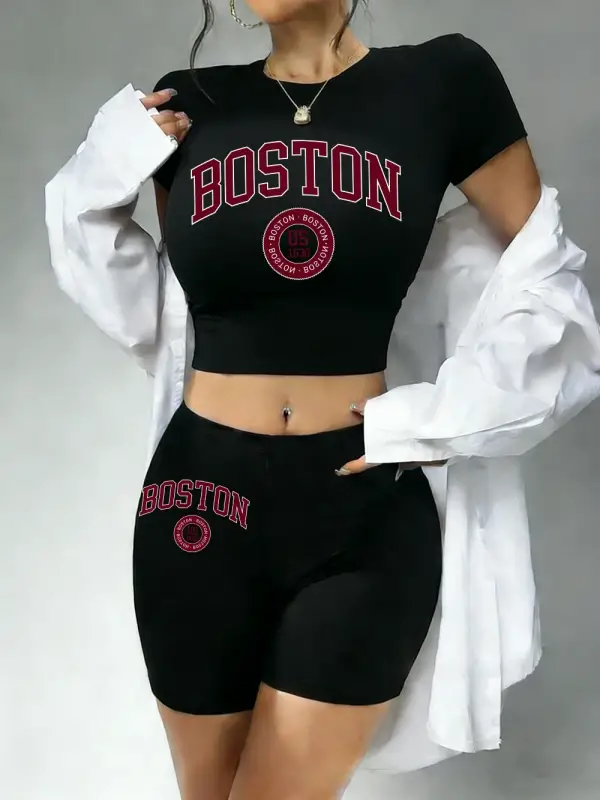 Yazlık Boston City Us 1630 Baskılı Babby TeeTişört Şort Kadın İki Parça Takım Üst Pantolon Dar Ke