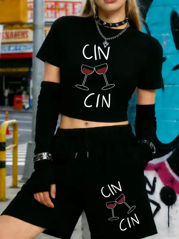 Yazlık Cin Cin Cheers Baskılı Babby TeeT-Shirt Şort Kadın Seksi İki Parçalı Set Diz Boyu Pantolon