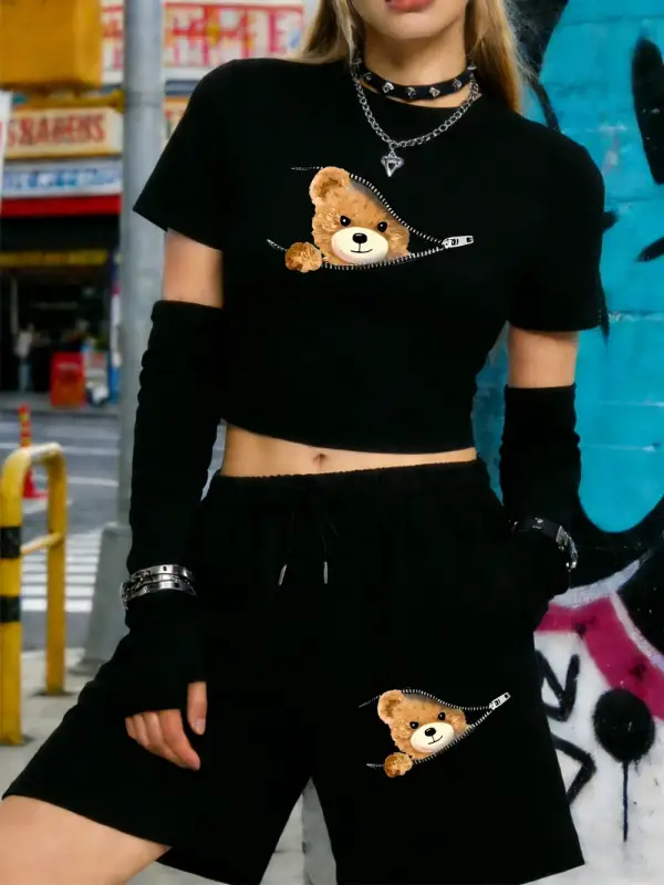 Yazlık Fermuarlı Ayı Desenli Baskılı Babby Teelar Şortlar Kadın İki Parçalı Set Beş Noktalı Pa