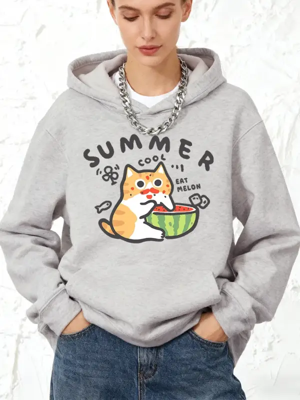 Yazlık Kavun Baskılı Pamuklu Kapüşonlu Kadın Eşofman Cepli Sweatshirt Sportif Bol Kazak Kışlı