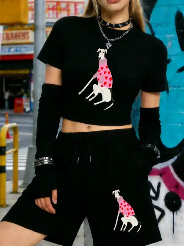 Yazlık Komik Dachshund Köpek Baskılı Babby TeeTişört Şort Kadın Seksi İki Parçalı Set Diz Boyu Pa