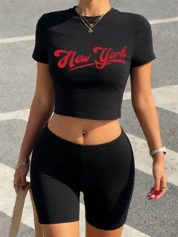 Yazlık New York Yazılı Yaratıcı Baskılı Babby TeeTişört Şort Kadın Seksi İki Parçalı Takım Üst Pa