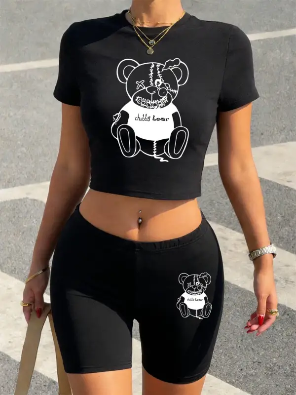 Yazlık Pembe Oyuncak Ayı Baskılı Babby TeeTişört ve Şort Kadın Seksi İki Parçalı Takım Üst Pantol