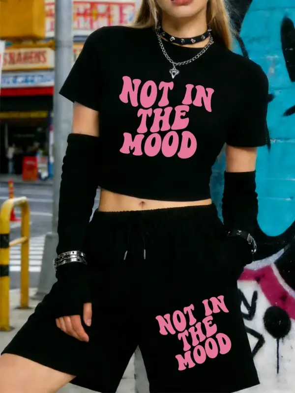 Yazlık Rahatsız Hali Baskılı Babby TeeTişört Şort Kadın Seksi İki Parçalı Set Diz Boyu Pantolon İ