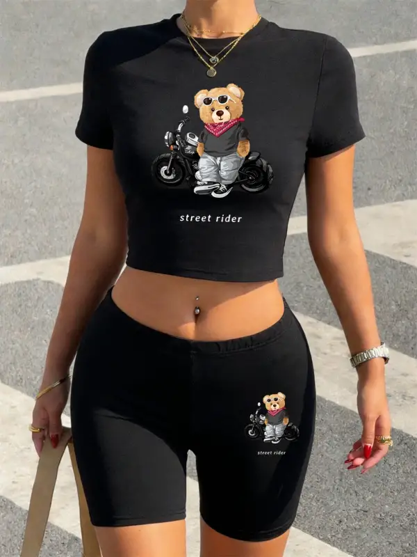 Yazlık Serin Sokak Sürücüsü Ayı Baskılı Babby TeeTişört Şort Kadın İki Parçalı Set Üstler Pantolo