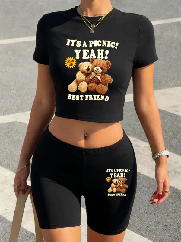 Yazlık Sevimli Ayı Karikatür Baskılı Babby Teelar Şortlar Kadın Seksi İki Parçalı Set Tişört P