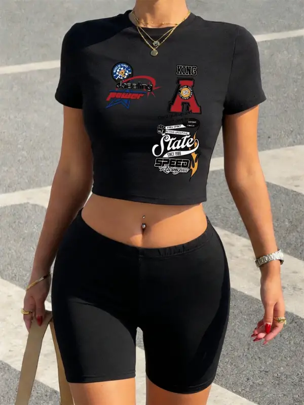 Yazlık Spor Giyim Baskılı Babby TeeTişört Şort Kadın İki Parça Takım Üst Pantolon Yumuşak İnce O-