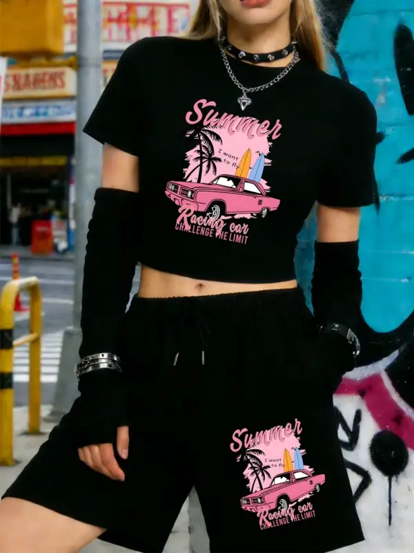 Yazlık Yarış Arabası Baskılı Babby TeeTişört Şort Kadın Seksi Tatlı İki Parçalı Set Diz Boyu Pant